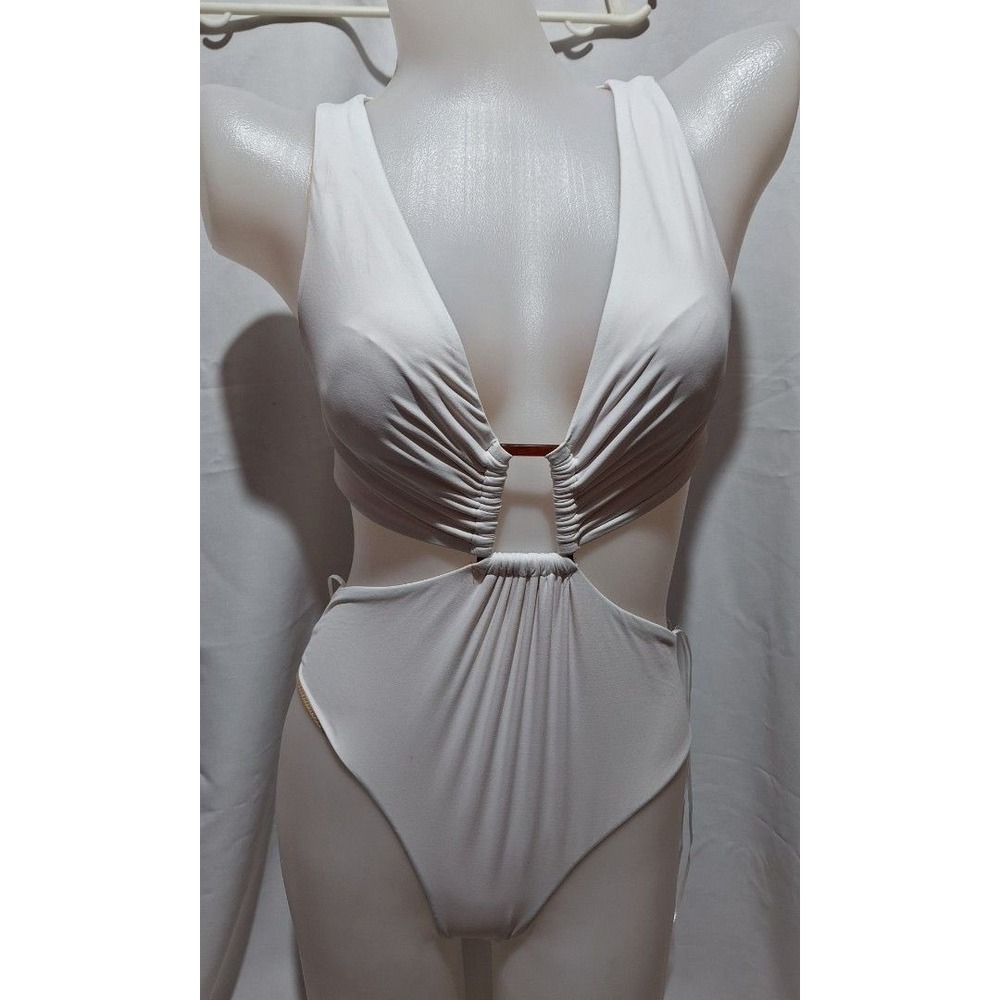 Zara White Cutout Monokini One Piece Swimsuit Ruched V-Neck 2910/210 Small NEW - Picture 1 of 7